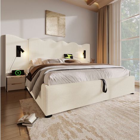 Letto con contenitore in corda beige-bianco 180x200 cm con USB, Type-C, lampada da lettura e rete a doghe inclusa (1/5)