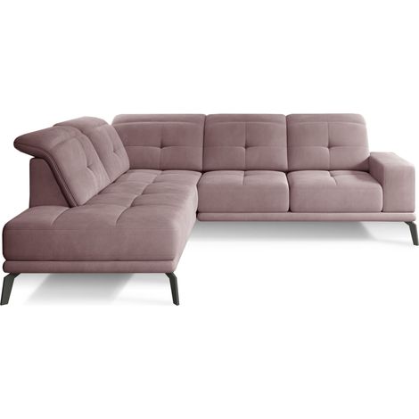 Canapé d'angle gauche design matelassé velours rose et pied noir Kazane 275cm (1/5)