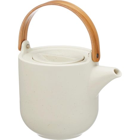 Weiße Porzellan-Teekanne mit Holzgriff, 1 l, Sencha-Design, für die tägliche Zubereitung von schwarzem und grünem Tee zu Hause (1/4)