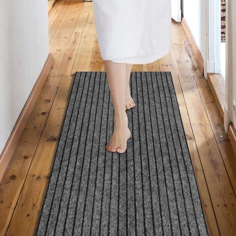 Tapis antidérapant, facile à nettoyer et imperméable, idéal pour les entrées, les cuisines ou les buanderies, 60 cm x 220 cm. Rayures grises.
