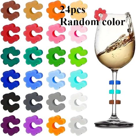 Marcadores de copas de vino, codificados por colores, silicona duradera, color aleatorio, 24 unidades (1/2)