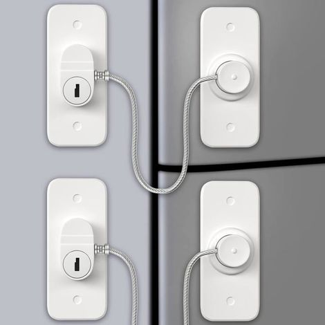 Lot de 2 Verrous de Réfrigérateur Blancs à Clé - Serrure Adhésive avec Câble Acier Sans Perçage pour Frigo, Placards, Tiroirs (1/5)