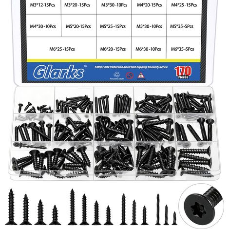 170pcs M3/M4/M5/M6 Torx noir Kit de vis de feuille, Vides anti-vol de sécurité en acier inoxydable, Torx Drive Tamper Proof Vis, Vide à tête plate pour l'industrie mécanique, Meubles, Bois (1/5)
