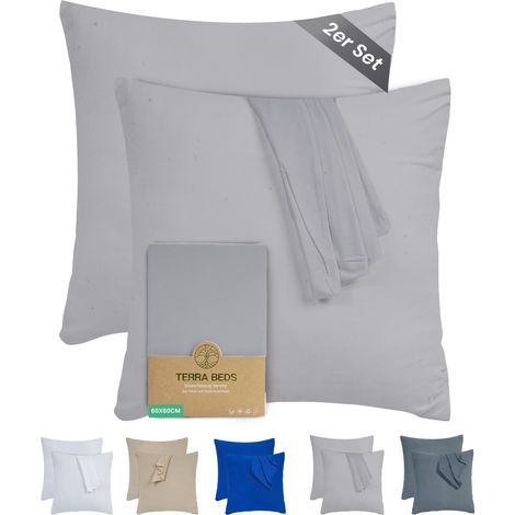 Taie d'oreiller - 100% coton jersey 160 g/m², Housse de coussin pour oreiller 60x60 avec fermeture éclair, extensible, douce et respirante (Gris argenté) (1/5)