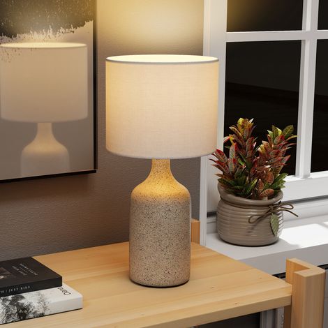 Lampe de Table avec Base en Céramique et Abat-Jour en Lin, Lampe de Chevet Rétro avec Culot E27, Blanc et Sable (1/5)