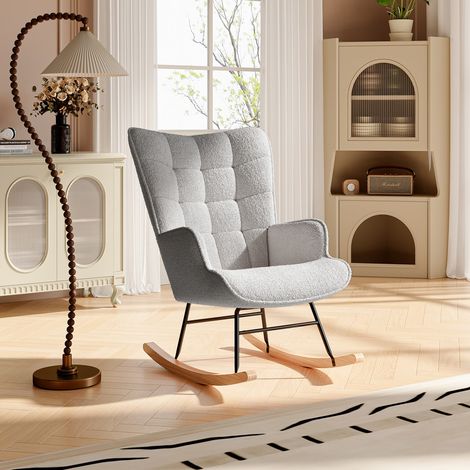 Fauteuil à bascule en velours Teddy gris, dossier haut et accoudoirs rembourrés, cadre en métal, style moderne, 53,5 x 75 x 92 cm