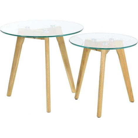 Ensemble de 2 tables gigognes rondes en verre et bois (1/4)