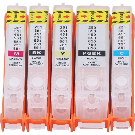 5 wiederverwendbare Tintenpatronen für Drucker 550 551, gleichmäßige Ausgabe, 5 Farben PGBK BK CMY, Packung mit 5 Stück. (1/5)