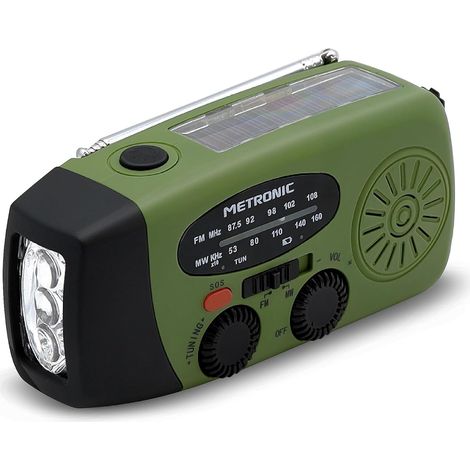 Radio FM Solar Portátil con Carga Dinamo 2000mAh - Estación con Botón SOS de Emergencia - Función Antorcha con Iluminación LED - Verde y Negro - 477216 (1/5)
