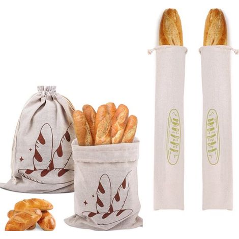 Confezione da 4 sacchetti per il pane riutilizzabili, in lino con coulisse, adatti per pane a lievitazione naturale fatto in casa, chiusura con coulisse alimentare in cera d'api, colore verde stampato (1/5)