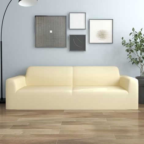 3-Seater Stretch Couch Slipcover Cream Polyester Jersey vidaXL