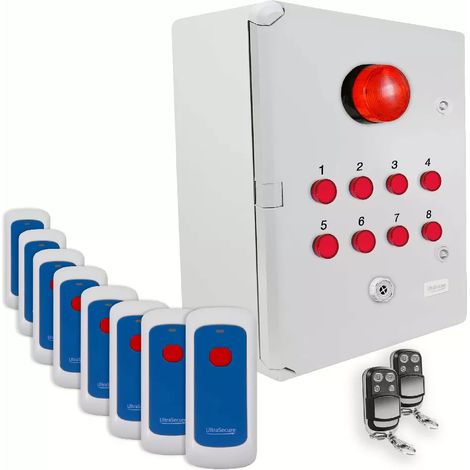 Système d'identification d'alerte sans-fil 900m - 8 boutons / Sirène / Flash / LEDs / Télécommandes d'arrêt (DA600+)