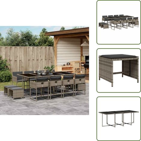 The Living Store 13-tlg. Garten-Essgruppe mit Kissen Grau Poly Rattan - Gartenmöbel Set - Gartentisch - Gartenstühle - Gartenhocker - Rattan Möbel