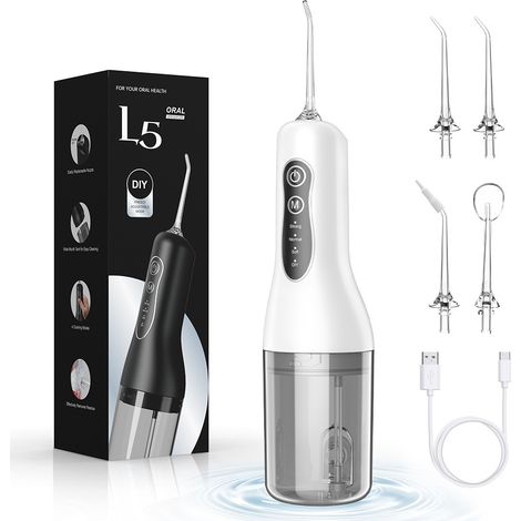 Hydropulseur dentaire sans fil – 4 modes de nettoyage – 4 buses interchangeables – IPX7 étanche – Pression d'eau 30-140 psi – Autonomie 25-50 jours