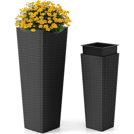 Set di 2 fioriere in rattan per esterni dimensioni 30 x 30 x 82 cm e 23 x 23 x 60 cm con vassoi estraibili e drenaggio in PP nero 200011925