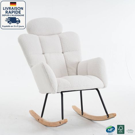 Fauteuil à bascule, chaise rembourrée, velours teddy, blanc, sans repose-pieds, 102x70x107cm (1/5)