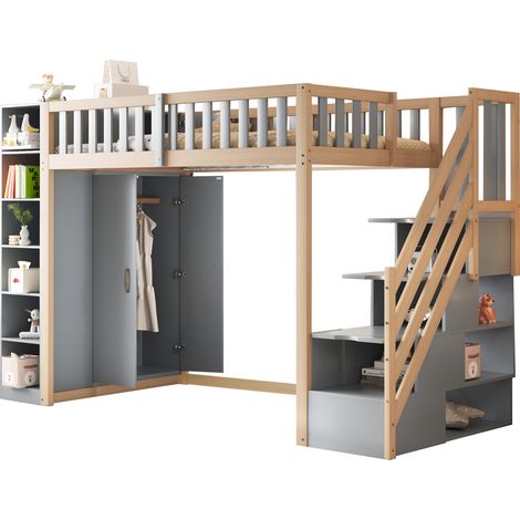 Cama Alta 90 x 200 Cm Con Armario, Almacenamiento Y Estantes, Sin Colchón, De Madera, Gris Y Natural (1/5)