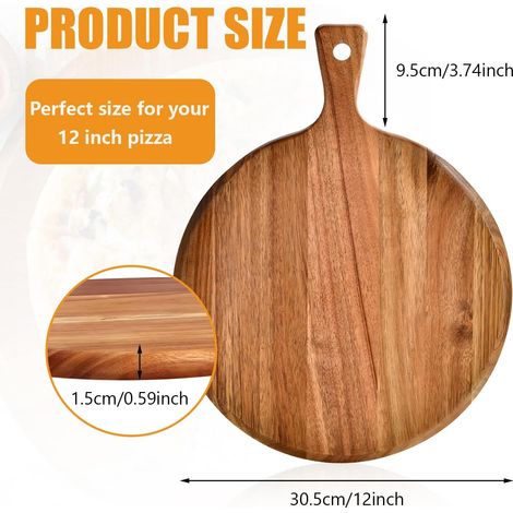Lot de 2 planches à pizza en bois - Diamètre : 30 cm - Avec poignée - En bois d'acacia de qualité supérieure - Assiettes rondes de service et à découper pour pizza, tartes flambées, plateau