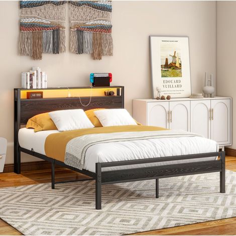 Letto 120/200 cm in metallo nero con contenitore, USB e testiera con vani (1/5)