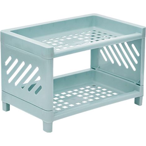 Organisateur de bureau à double niveau, léger et robuste, pour cosmétiques, cuisine et salle de bain, bleu (1/5)