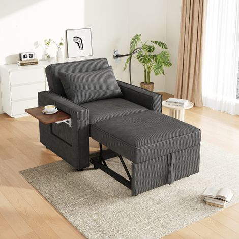 Canapé-lit pliable multifonction avec port de charge USB et support pour téléphone – Fauteuil relax convertible 1 place – Gain de place pour salon et chambre – Tissu en velours côtelé – Gris (1/5)