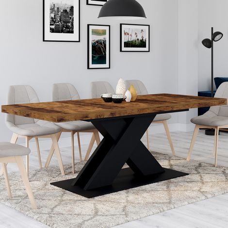 ALICIA Mesa de comedor extensible para 6-10 personas con tablero HAWKINS de madera oscura y pata X negra 160-200 cm