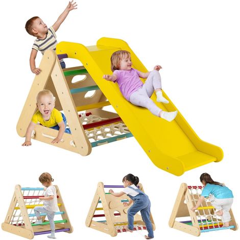 4-in-1 Wooden Toddler Climber Triangle Climbing Set with Ramp Sliding Board