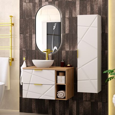 Ensemble meuble simple vasque 80cm 2 niches et colonne Aurora Blanc et Bois (1/5)
