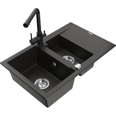 Mexen Gaspar évier en granit 1,5 bac avec égouttoir et robinet de cuisine Duero, noir/or - 6507-75-671600-70 (1/5)