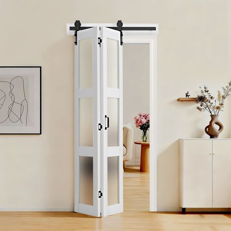 Porte Coulissante Intérieure 91,4x213,4 cm, Porte de Grange Pliante en MDF avec Verre Trempé, pour Séparation de Pièce Chambre Salon Placard, Quincaillerie Incluse, Panneaux Pré-assemblés, Blanc (1/5)