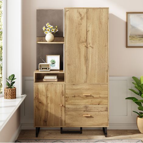 Guardaroba da ingresso 110x38x186 cm nero e naturale in MDF con pannelli imbottiti, cassetti e scarpiera (1/5)