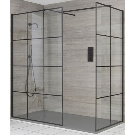 Milano Barq Black Corner Walk In Wet Room Shower Enclosure with Grid Pattern Screens Support Arms and Light Grey Slate Effect Tray - 1500mm x 800mm (1/5)