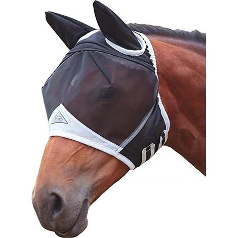 Masque anti-mouches en maille fine avec oreilles - Respirant - Anti-moustiques - Pour cheval - Noir et blanc - Taille L (1/5)