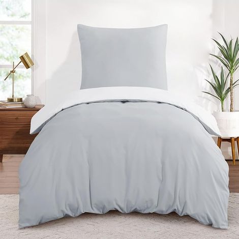 Housse de Couette 140x200 Réversible avec Taie d'oreiller 65x65 cm (Gris Clair/Blanc) Parure de Lit 140 x 200 Adulte Microfibre Couette avec Fermetures éclair (1/5)