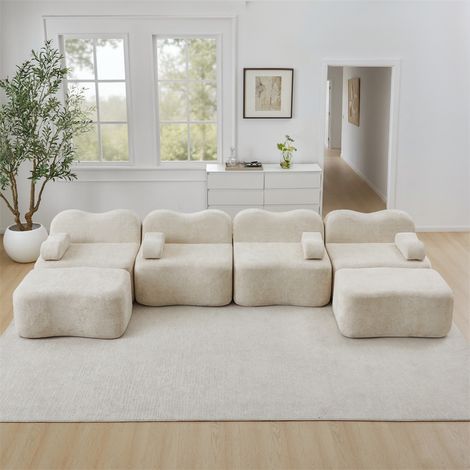 Canapé Panoramique Modulaire 4 Places en U + 2 Ottomans - Design Vague "Boneless" en Velours - Prêt à l'Emploi - Beige 384cm (1/5)