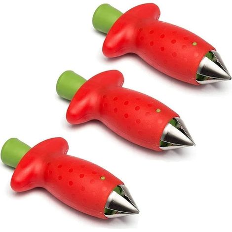 3 Outil coupe-fraises, acier inoxydable et plastique ABS, forme fraise rouge, pour fraises ananas pommes de terre, cuisine (1/5)