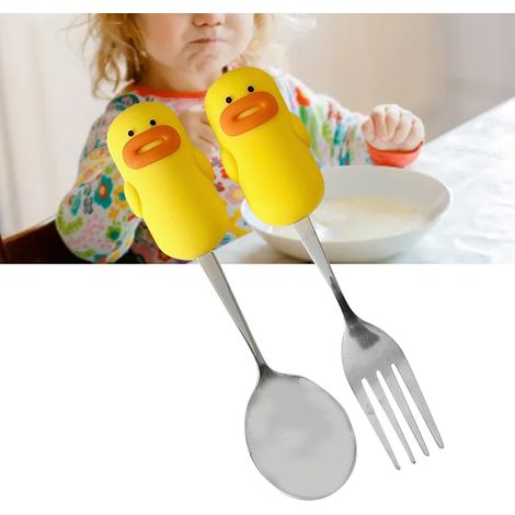 Ensemble cuillère et fourchette mignon en acier inoxydable avec motif dessin animé. Cuillère et fourchette multifonctions en métal blanc pour bébés garçons et filles. (1/5)