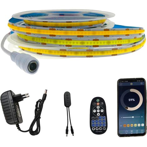 Ruban à COB LED 1m Blanc Chaud 3000K, dimmable 8mm bande lumineuse, contrôle Bluetooth APP avec alimentation 12V+ télécommande RF, auto-adhésif, flexible (1/5)