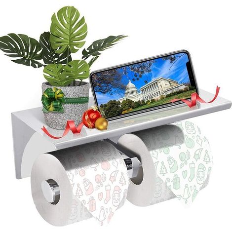 Double Toilet Paper Holder. 304 Stainless Steel Storage Shelf. Toilet Roll Holder with Phone Holder. For Bathroom (Silver) (1/5)