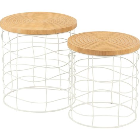 Table gigogne métal bois d'épicéa naturel blanc design moderne - Blanc et bois naturel clair (1/4)