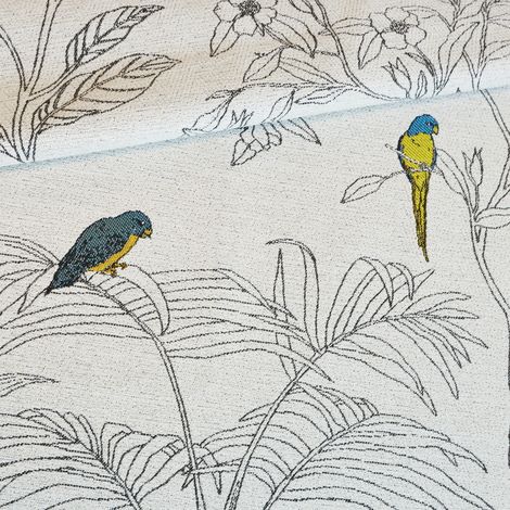 Tissu imprimé exotique feuillages et perruches Crème 150 cm (1/2)