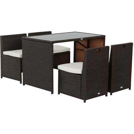 5-teiliges Polyrattan Gartenmöbel-Set, wetterfest Balkonmöbel für 4 Personen Terrassenmöbel mit Tisch 4 Stühle Kissen, Lounge-Set Essgruppe Sitzgruppe für Balkon, Garten, Braun+Khaki