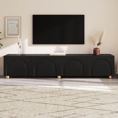 Meuble TV en bois noir 180 x 35 x 40 cm avec 4 portes de rangement Meuble tv bas à moulures cintrées pieds en métal (1/5)