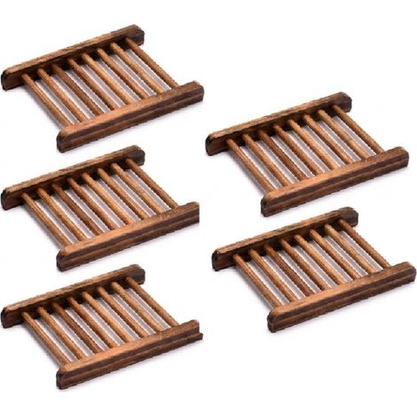 Beyamis Lot de 5 porte-savons en bois : adhésif sans perçage – porte-savon simple avec système d’évacuation de l’eau, idéal pour la salle de bain, la douche et la maison / marron (1/4)