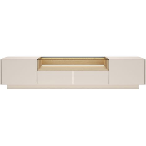 Meuble TV 2 portes, 2 tiroirs et 1 niche avec LEDs - Beige et naturel clair - ALIVENTO (1/4)
