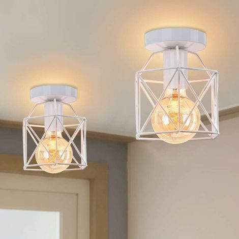 Retro Plafonnier Industrielle en Métal Carré Fer, Suspension Cage Cube Luminaire E27 pour Salon Chambre Café Bar Restaurent Entrée Couloir (Lot de 2 Blanc) BLOW (1/5)