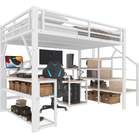 Lit mezzanine 140x200 cm métal blanc avec escalier de rangement, bureau, étagères, LED et ports USB (1/5)