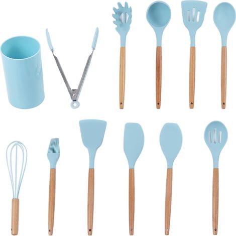 Lot de 12 ustensiles de cuisine antiadhésifs, poignée en bois, silicone, cuisson (1/5)
