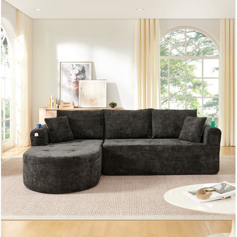 Canapé d’angle en tissu negro en L, sin montaje, con portavasos de acero inoxidable (1/5)