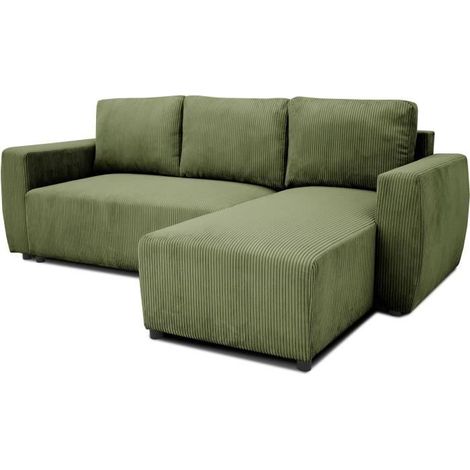 Canapé d'angle convertible réversible 3/4 places – Tissu velours côtelé Kaki – Coffre de rangement 80L – Dimensions 224 x 155 x 85 cm (1/5)